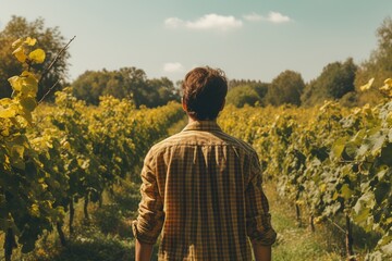A person, viewed from the back and wearing a plaid shirt, stands contemplatively in a vast orchard, bathed in the bright, uplifting sunlight, embodying a peaceful agricultural scene.