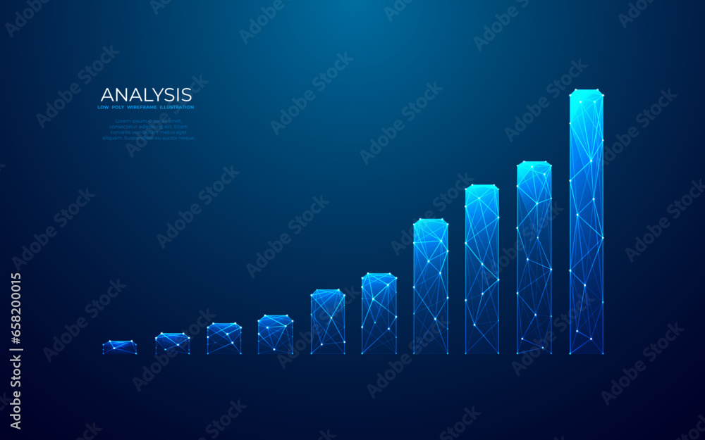 Poster hi-tech hologram of growing graph chart on blue background. digital low poly wireframe vector illust