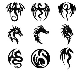 Set of dragon silhouettes, black and white illustration. Stylized symbol, sign, logo, vector emblem.