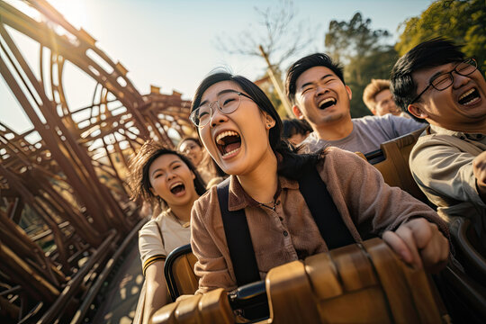 Group Of Asian Tourists Screaming And Exciting On The Roller Coaster In The Amusement Park Background.