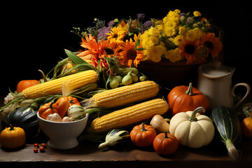 Variety of fresh fruits, vegetables, and nuts, symbolizing abundance and the harvest season of Thanksgiving