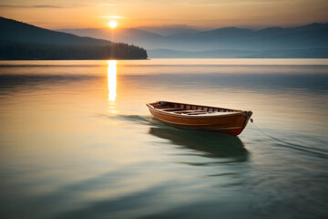 Naklejka na ściany i meble As the sun sets over the lake, a lone boat drifts lazily through the water.