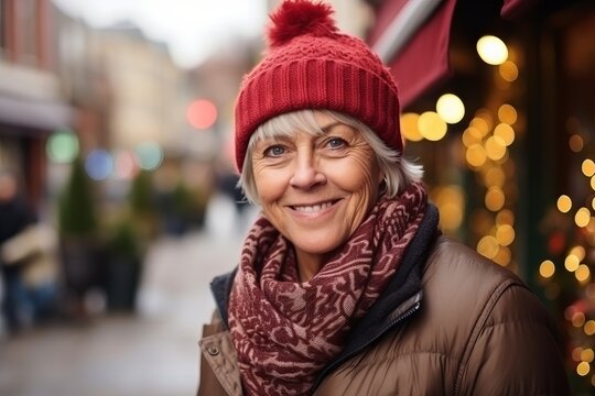 Portrait of happy senior woman in hat and scarf on Christmas market
