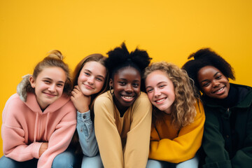 Obraz premium Diverse group of young people smiling together on a yellow wall background - Multiracial college students having fun on holiday vacation and laughing outside - Youth culture concept.