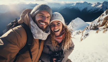 Happy smiling couple of hikers taking selfie picture on top of the mountain - Two travelers smiling together at camera - Travel vloggers using smart mobile phone device