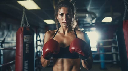 Foto op Canvas Young woman in sports wear practices boxing in the gym © STKS