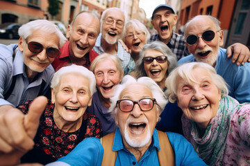 Happy group of senior friends smiling and laughing at camera outdoors - Older friends taking selfie pictures with smart mobile phone device - Life style concept with pensioners having fun together. - obrazy, fototapety, plakaty