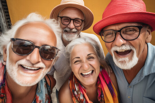 Happy group of senior friends smiling and laughing at camera outdoors - Older friends taking selfie pictures with smart mobile phone device - Life style concept with pensioners having fun together.