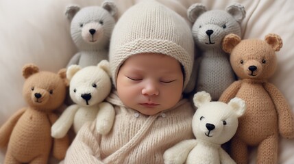Newborn baby sleeping with teddy bear
