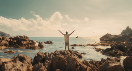 Successful man with arms up on the beach with his arms up showing the ocean raising hands to the sky.