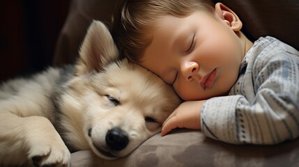 Little baby sleeping with a dog