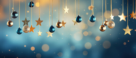 hanging golden start ornaments with bokeh light blue  New Year - obrazy, fototapety, plakaty