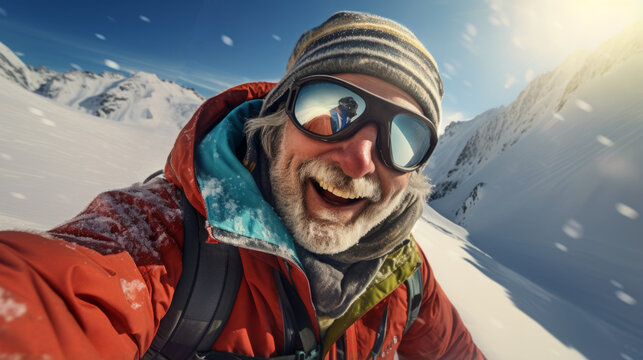 Skiing guy taking selfie on a mountain top in the snow, Alpine snow covered landscapes