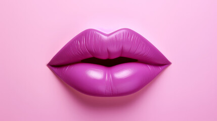 Full lips icon, for cosmetics, lip filler or surgery. Purple lips against a pink background - obrazy, fototapety, plakaty