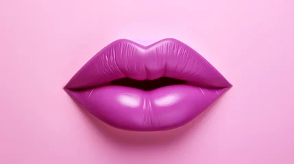 Fotobehang Full lips icon, for cosmetics, lip filler or surgery. Purple lips against a pink background © Malambo/Peopleimages - AI