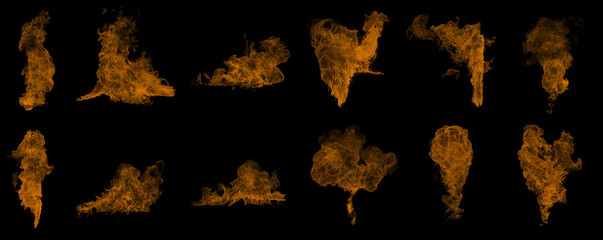 Fire flame collection overlay black background isolated. Royalty high-quality free stock image set...