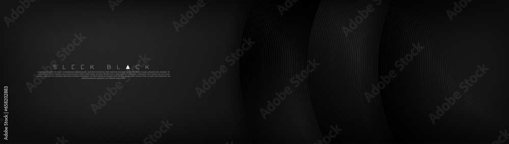 Poster Sleek monochromatic abstract background template. Circular pattern of shiny metallic rings with big copy space on left. Vector Illustration. 