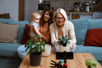 Grandmother mother and baby granddaughter transplant flowers together, change the humus in a bigger...