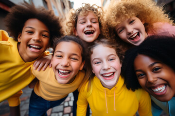 Obraz premium Multiracial best friends having fun outside - Group of young people smiling at camera outdoors - Friendship concept