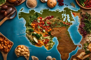 Food from many countries, parts of the world, representing diverse cuisines and cultures.