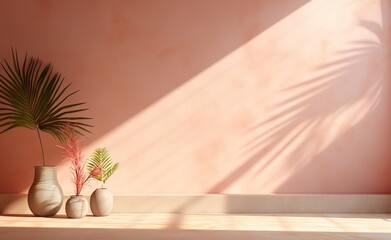 Abstract pink gradient studio background for product presentation. Empty room with window shadows, flowers. room with copy space.