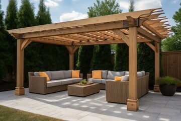 Contemporary pergola providing shade and style in an outdoor patio. Generative AI