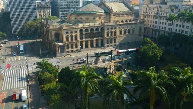 Drone aerial shot of Sao Paulo Municipal Theater at downtown Sao Paulo Brazil. Stunning landscape of historic centre of city. 