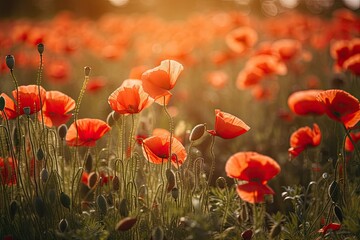 A vibrant background image featuring a field of red poppy flowers