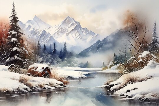 A winter landscape with mountains and a lake depicted using watercolor painting. Generative AI
