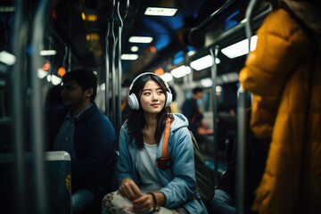 Asian woman wearing headphones travelling and commuting in an underground