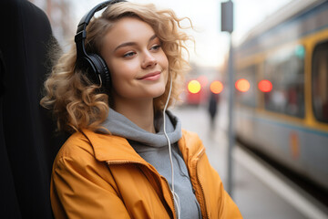 Woman listening to music waiting to catch the train
