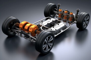 3D rendering of electric vehicle chassis with dual motors and solid-state battery pack driving on gray background. Cutaway view. Generative AI - obrazy, fototapety, plakaty