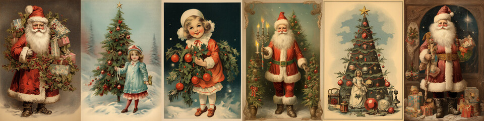 Set of vintage antique style Christmas and holiday greeting cards, Santa Claus, ephemera girls and Chrismas tree illustration - obrazy, fototapety, plakaty