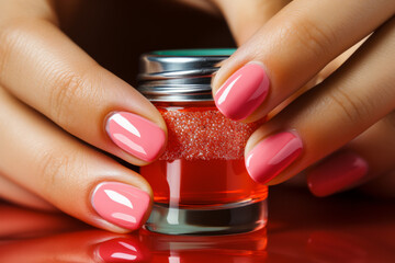 Close-up of a woman's fingers holding a bottle of nail polish - obrazy, fototapety, plakaty
