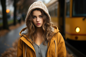 Woman waiting for the tram in autumn