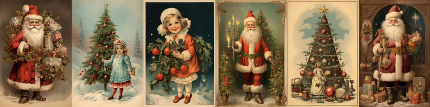 Set of vintage antique style Christmas and holiday greeting cards, Santa Claus, ephemera girls and Chrismas tree illustration