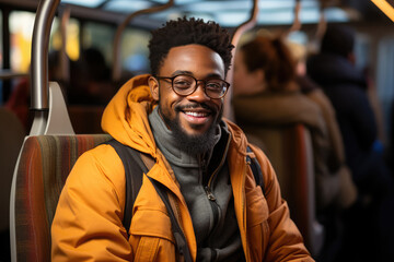 African American man commuting on a bus - obrazy, fototapety, plakaty