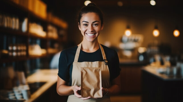 Small cafe owner or barista woman holding coffee pouch paper bag package in hands