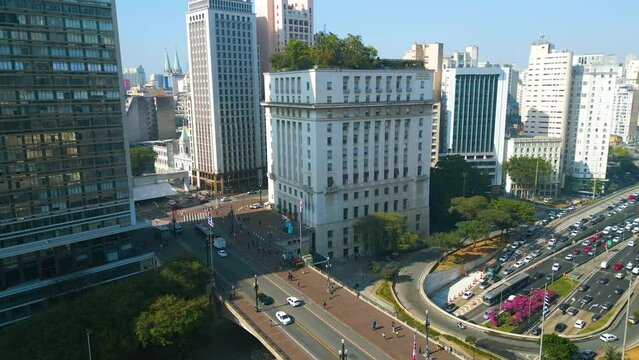 Drone aerial shot of City hall at downtown Sao Paulo Brazil. Stunning landscape of historic centre of city.Viaducts of historic center.
