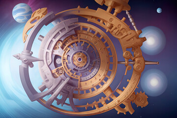 celestial mechanics featuring intricate gears and celestial bodies, symbolizing the precision and beauty of cosmic mechanics