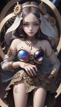 Girl in celestial mechanics featuring intricate gears and celestial bodies, symbolizing the precision and beauty of cosmic mechanics smartphone, wallpaper, mobile,