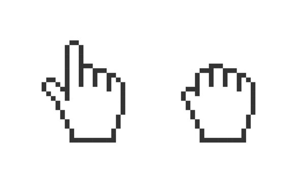 Set of flat pixel hand cursor icons, Hand mouse pixelated sign stock illustration.