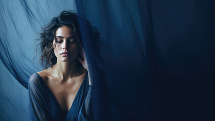 Woman lost in deep thought against a contemplative indigo background - Reflective solitude - Studio Background - AI Generated - obrazy, fototapety, plakaty