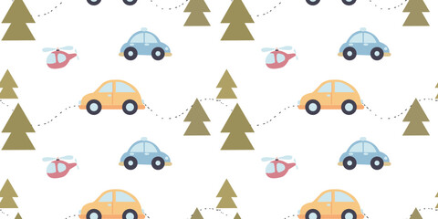 Seamless children's car pattern with road and trees. Gift wrapping, printing on fabric and paper. Vector.