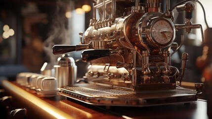 Fancy vintage coffee machine in steampunk style looks like locomotive - obrazy, fototapety, plakaty