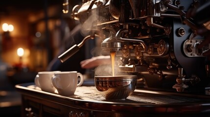 Fancy vintage coffee machine in steampunk style pouring espresso