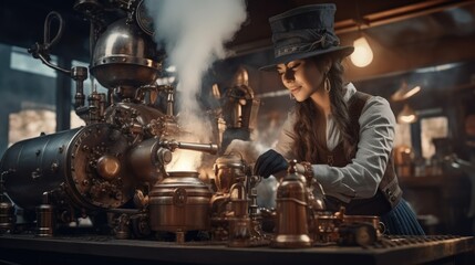 Fancy barista woman in steampunk style making coffee using vintage coffee machine