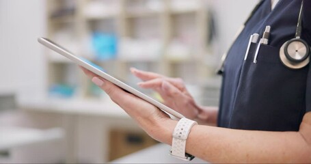 Hands, tablet and vet person typing medicine research, search clinic database or healthcare support data. Industry closeup, veterinarian and reading veterinary report, feedback or medical information