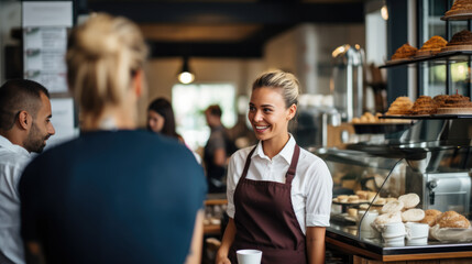 Smiling young cafe employee in an apron serves customers and talks to them about coffee