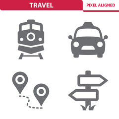Travel Icons. Train, Taxi, Destination, Road Sign Vector Icon